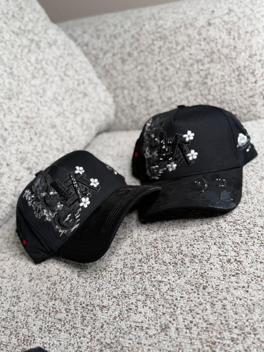 Kids Black Embroidered Flower Baseball Cap